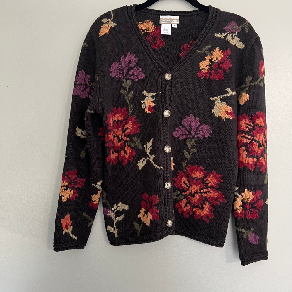 Coldwater Creek Intarsia Floral Cardigan Black Ramie Cotton Small Crochet trim
